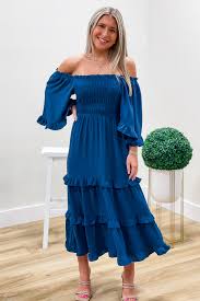 “Teal Dusk Off‑Shoulder Smocked Tiered Midi Dress”