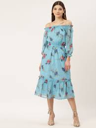 “Midnight Petal Off‑Shoulder Floral Midi Dress”