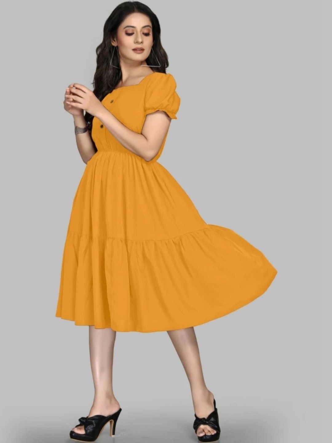 Structured Puff Sleeve Fit & Flare Midi Dress - Image 4