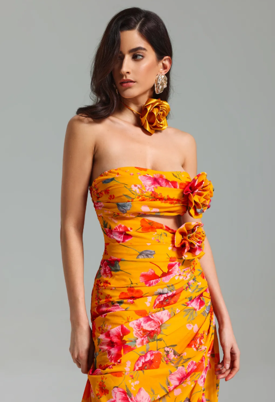 Roxany Cut Out Flower Printed Maxi Dress