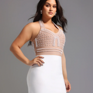 Cornelia Pearl Halter Bandage Dress - Beige
