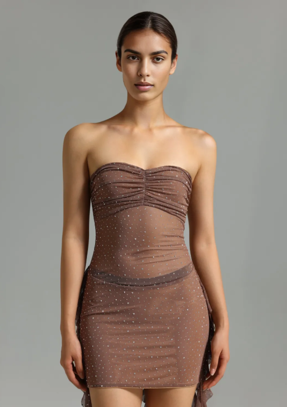 Kylli Rhinestones Ruffled Mesh Mini Dress