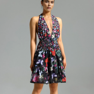 Elspeth Halter Flared Printed Mini Dress - Black