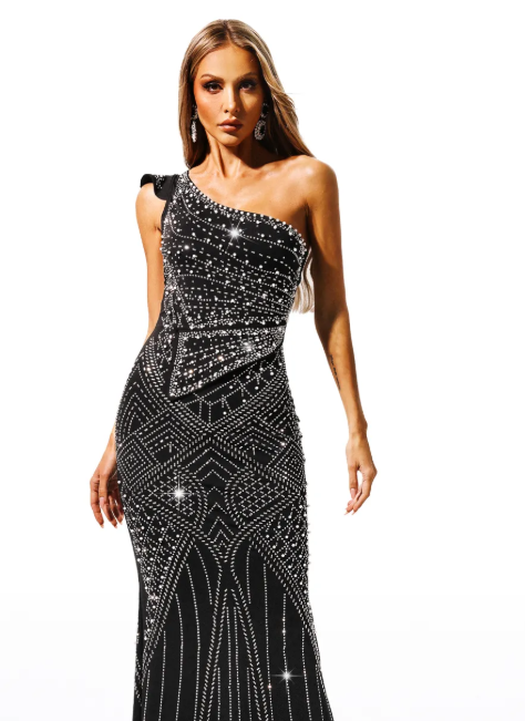 Ferina Skew Collar Diamond Maxi Dress