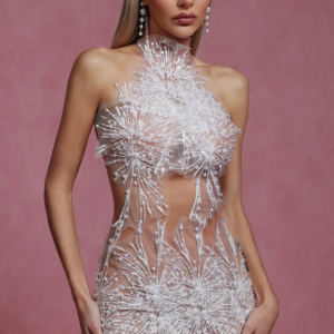 Ignacia Sleeveless Choker Sequin Pearl Mini Dress