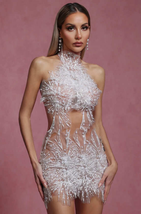 Ignacia Sleeveless Choker Sequin Pearl Mini Dress