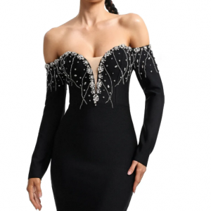 Yuhie Deep V Off-Shoulder Long Sleeve Embellished Bandage Maxi Dress