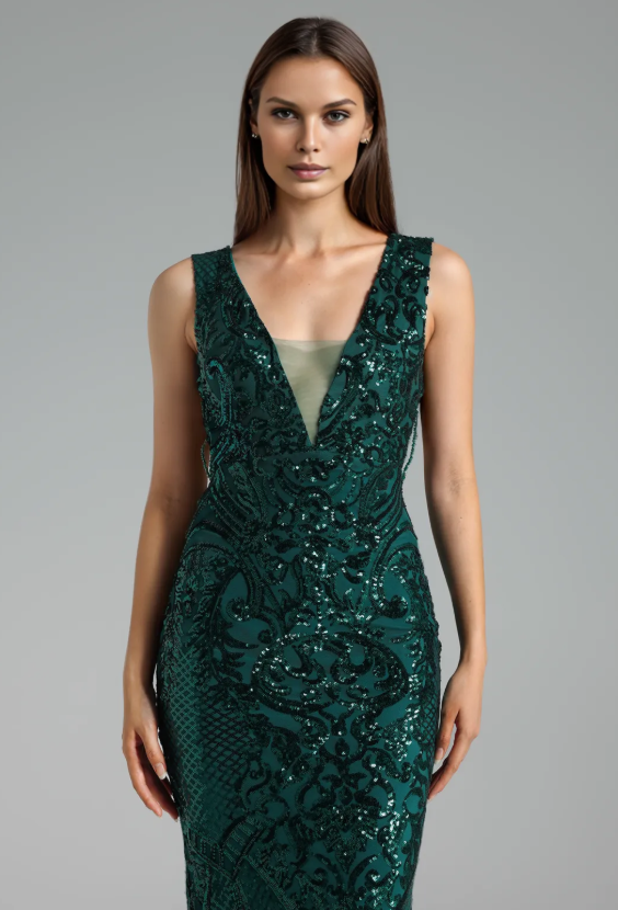 Peyton Deep-V Sequin Slim Maxi Dress