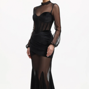 Molia Sexy Contour Long Sleeve Velvet Mesh Maxi Dress