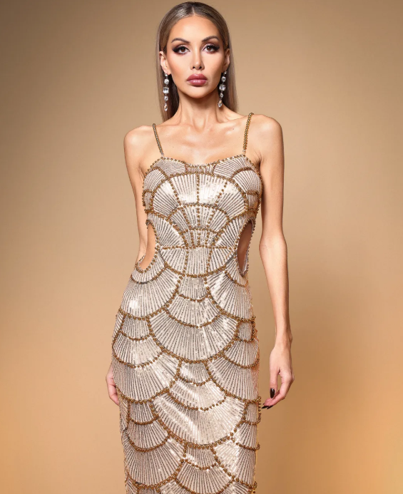 Teresa Pearl Sequin Gold Midi Dress