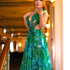 Zem Halter Sleeveless Pearl V-Neck Hollowed Out Print Slit Maxi Dress