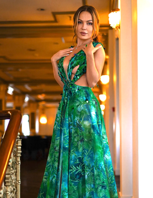 Zem Halter Sleeveless Pearl V-Neck Hollowed Out Print Slit Maxi Dress