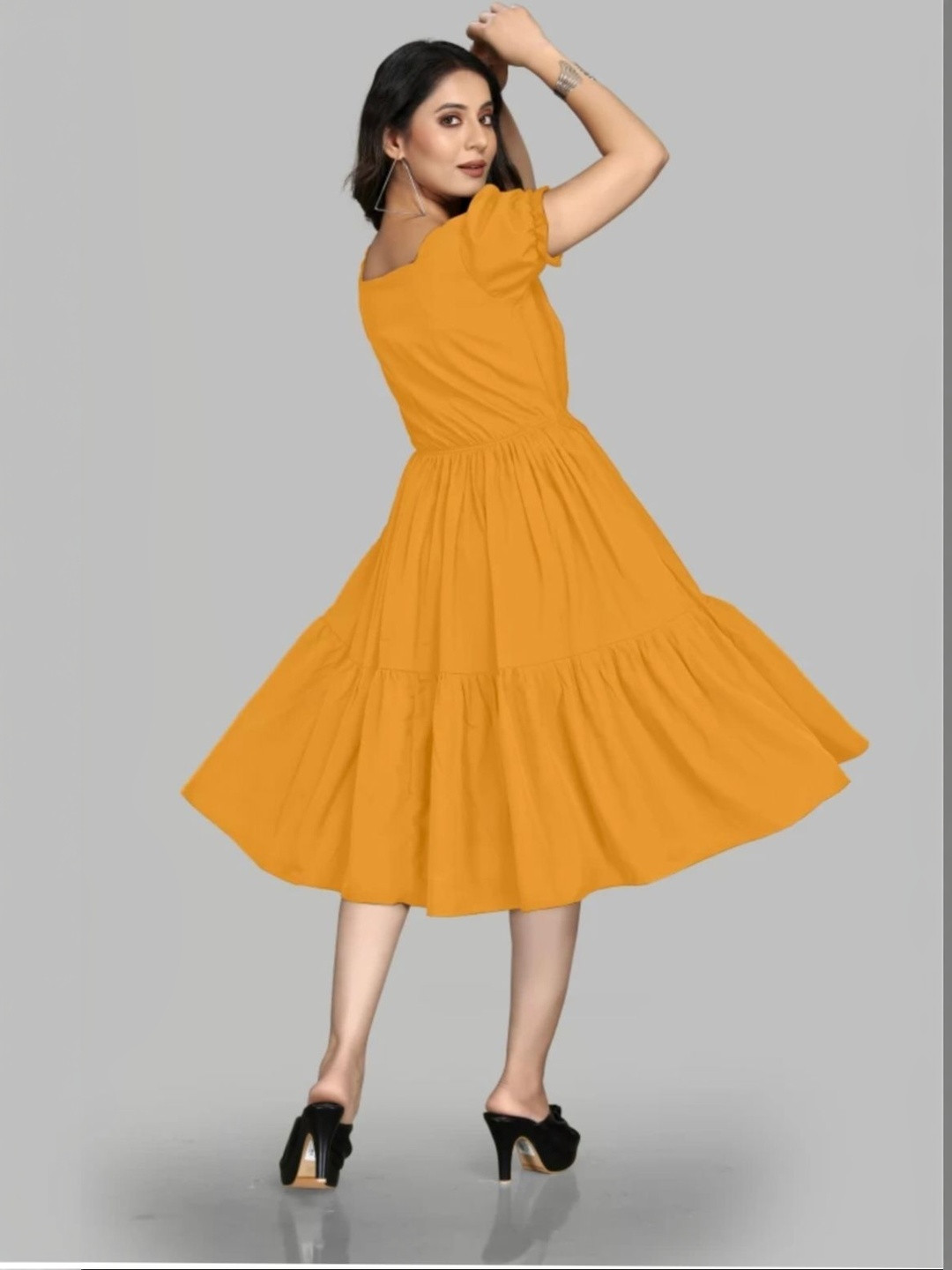 Structured Puff Sleeve Fit & Flare Midi Dress - Image 2